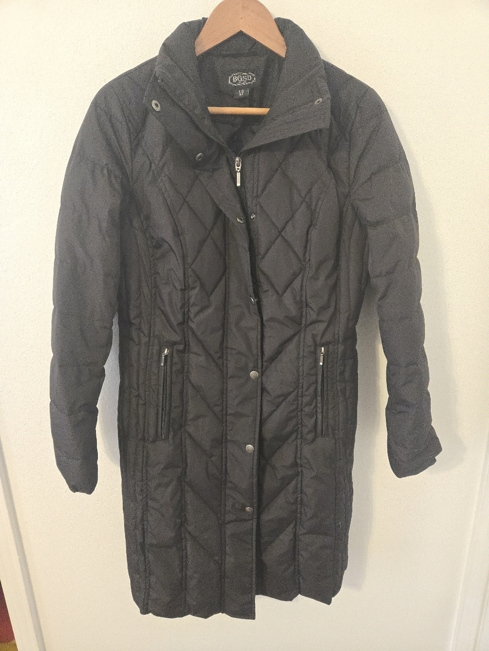 BGSD Long Black Down Quilted Puffer Coat Zip Up Snap Closure Womens Medium